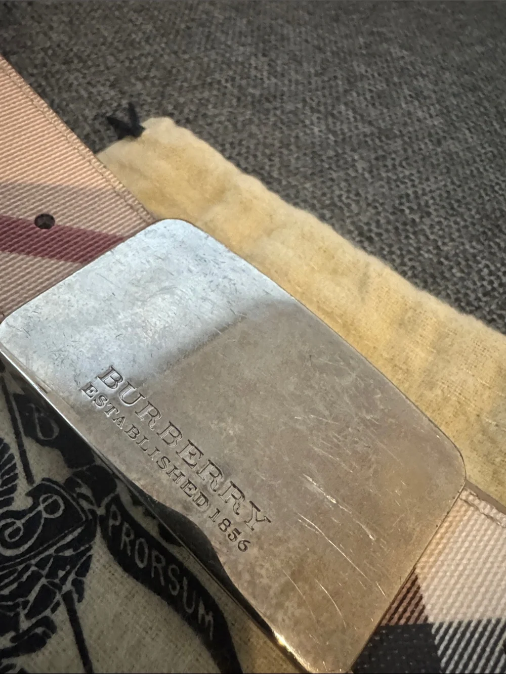 Burberry Check Canvas Belt in Beige, Brown and Black with Metal Buckle